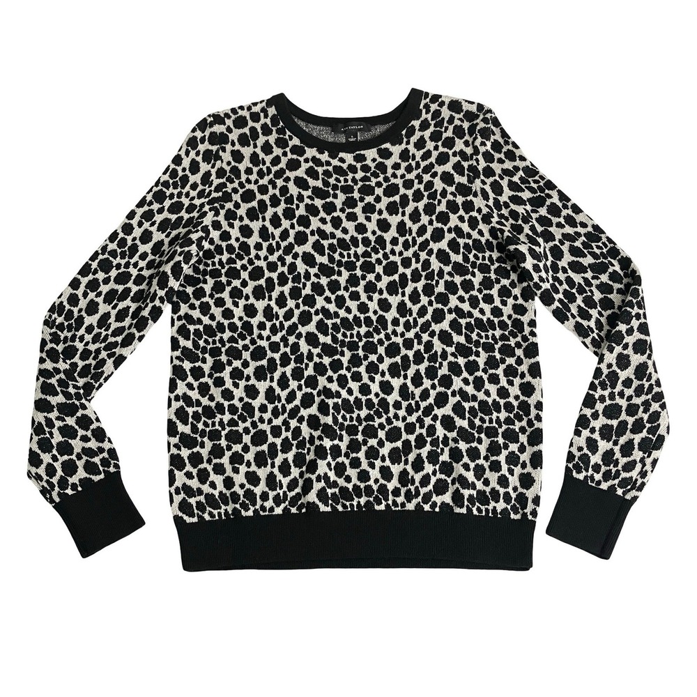Ann Taylor Leopard Print Sweater Womens L Black White Metallic Wool Blend Knit